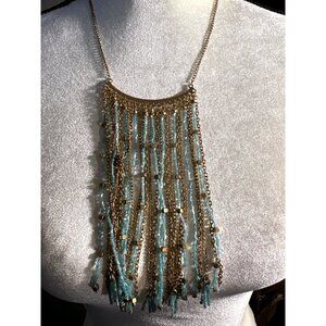 Boho Chic Fringe Bib Necklace Blue Gold Beads Gold Tone Chains Statement